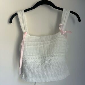 White Textured Tank Top with Pink Ribbon
